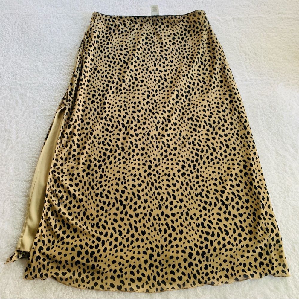 Cheetah Leopard Print Side Slit Tan & Black Stretchy Bodycon Midi Skirt | Large - Picture 6 of 6